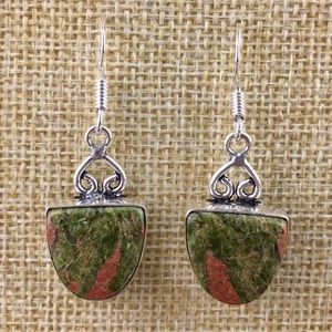 New Green Unakite Stone Hook Dangle Silver Earrings
